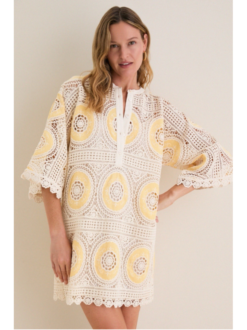 Tuckernuck Sunshine Medallion Crochet Arles Mini Dress L Beach Coastal Resort